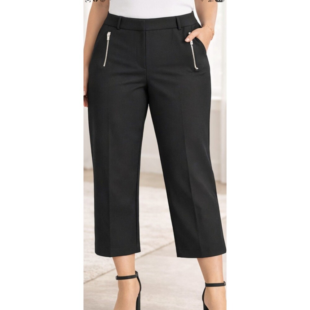 Calvin Klein Women's Sz. 12 Black Crop Gold Zip Elastic Black Pants NWT